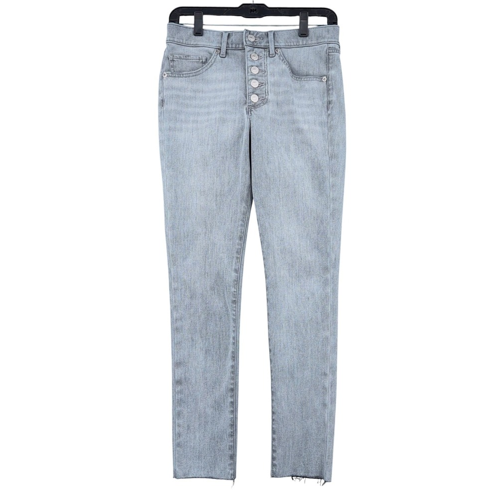 Express Skinny Mid Rise Women 4R Cotton Blend Gray Button Fly Raw Hem Jeans